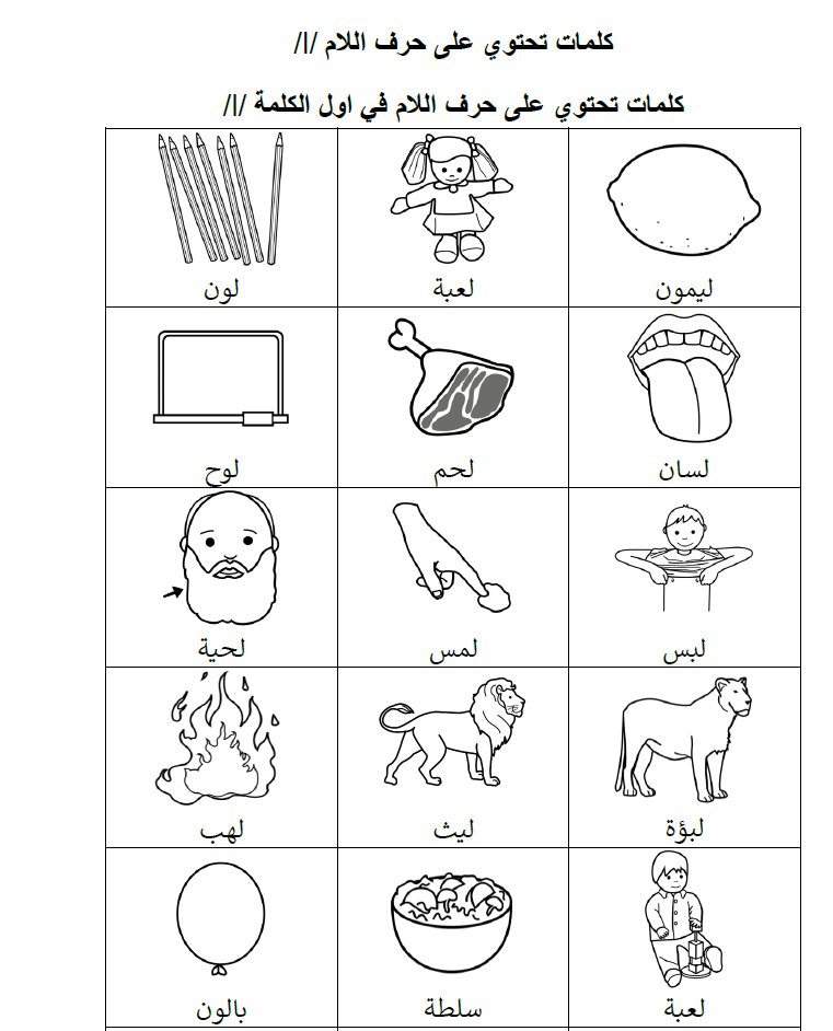 كلمات تحتوي على حرف اللام /ل/ /l/